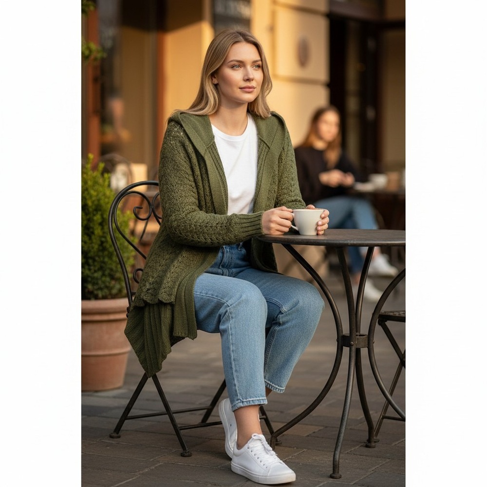 Miss Guided Olive Green Pointelle Knit Hooded High-Low Cardigan Sweater 2X